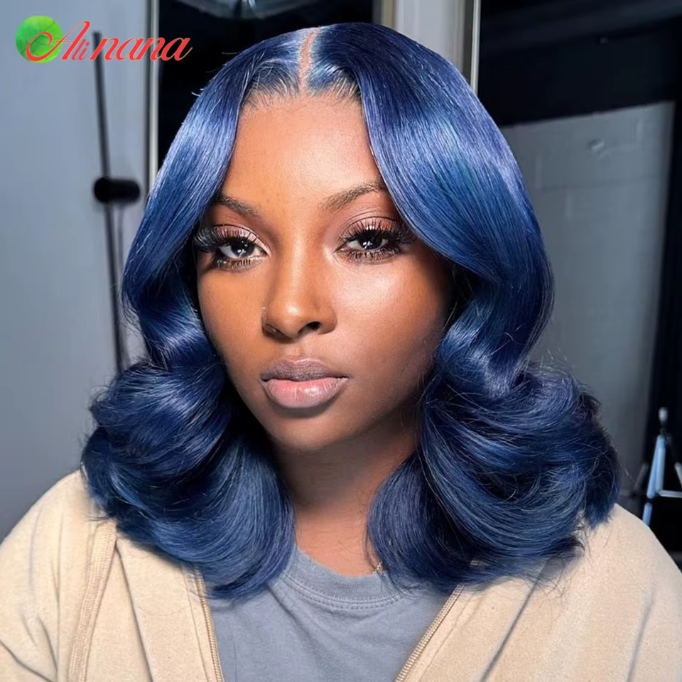 Bleu avec racine couleur courte Bob perruque 13x4 dentelle frontale perruques 200% densité ondulée c