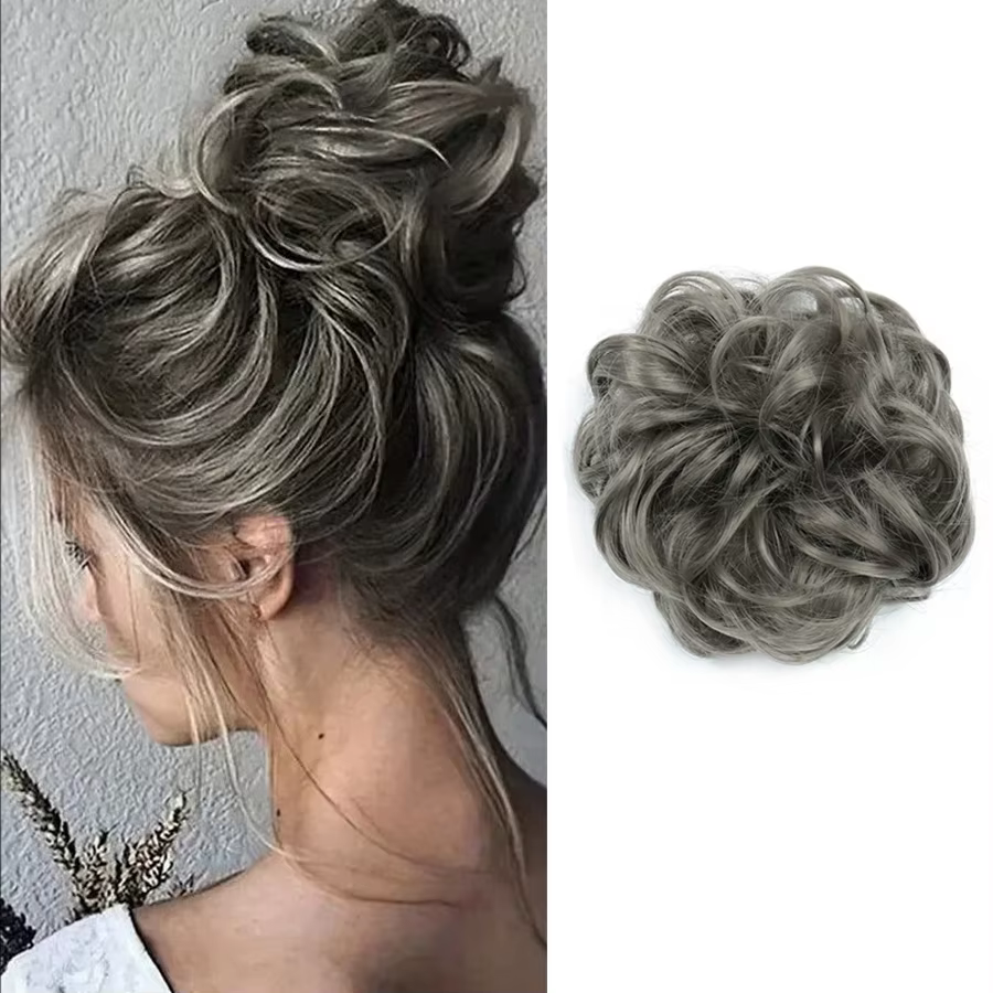 Chignon synthétique bouclé et désordonné gris foncé, grande perruque chignon pour coiffure de mariée