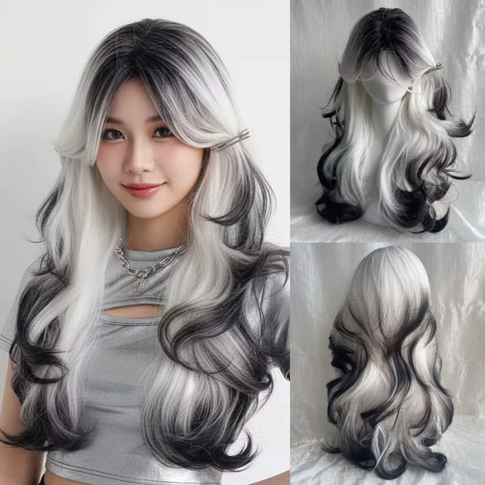 Perruque longue et ondulée pour femme, blanche et noire, cheveux synthétiques résistants à la chaleu