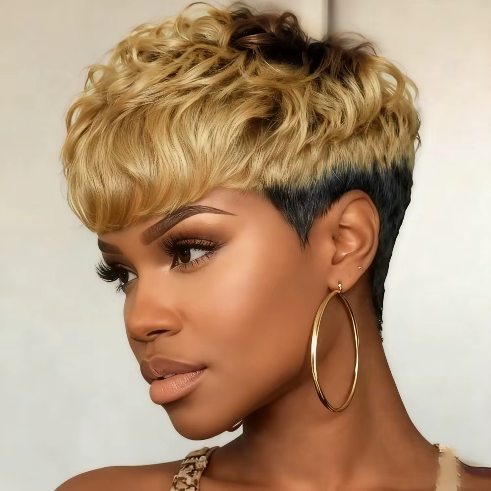 Perruque de cheveux humains droits coupe lutin courte avec frange cheveux péruviens coupe lutin en c