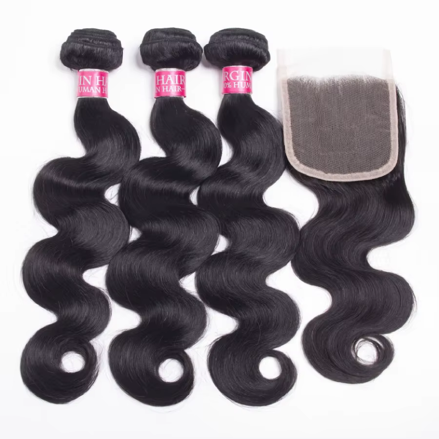 Extensions de cheveux humains brésiliens Remy non traités avec closure, tissage de cheveux vierges, 
