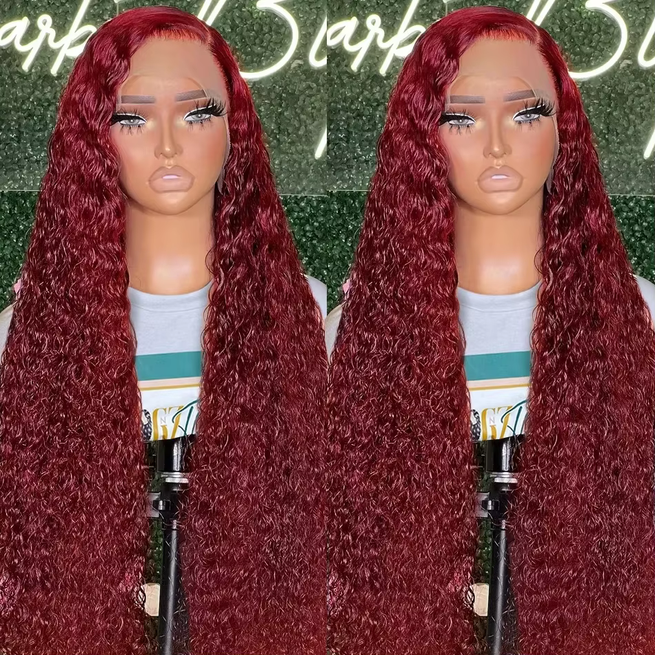 Perruque Lace Frontal Wig naturelle bouclée, cheveux humains, Deep Wave 99J, bordeaux, 13x4, HD, vin