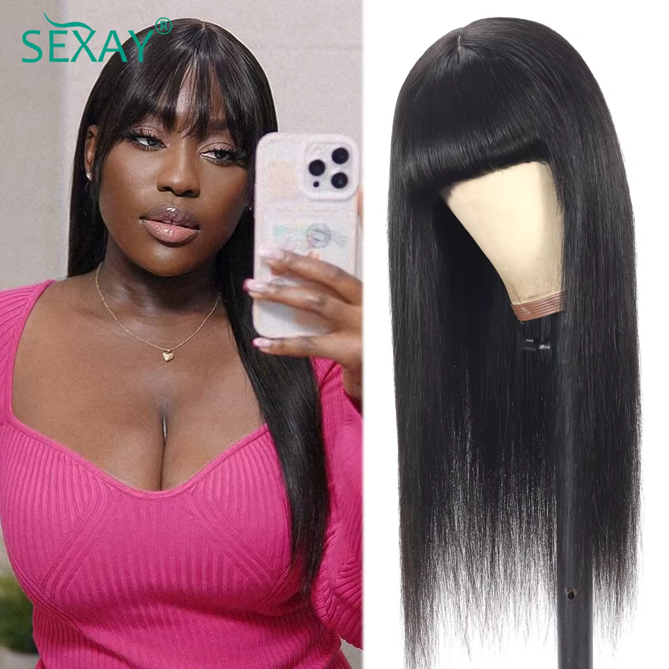Faux cuir chevelu Bang perruques perruque de cheveux humains péruvien soyeux cheveux raides Sexay 32