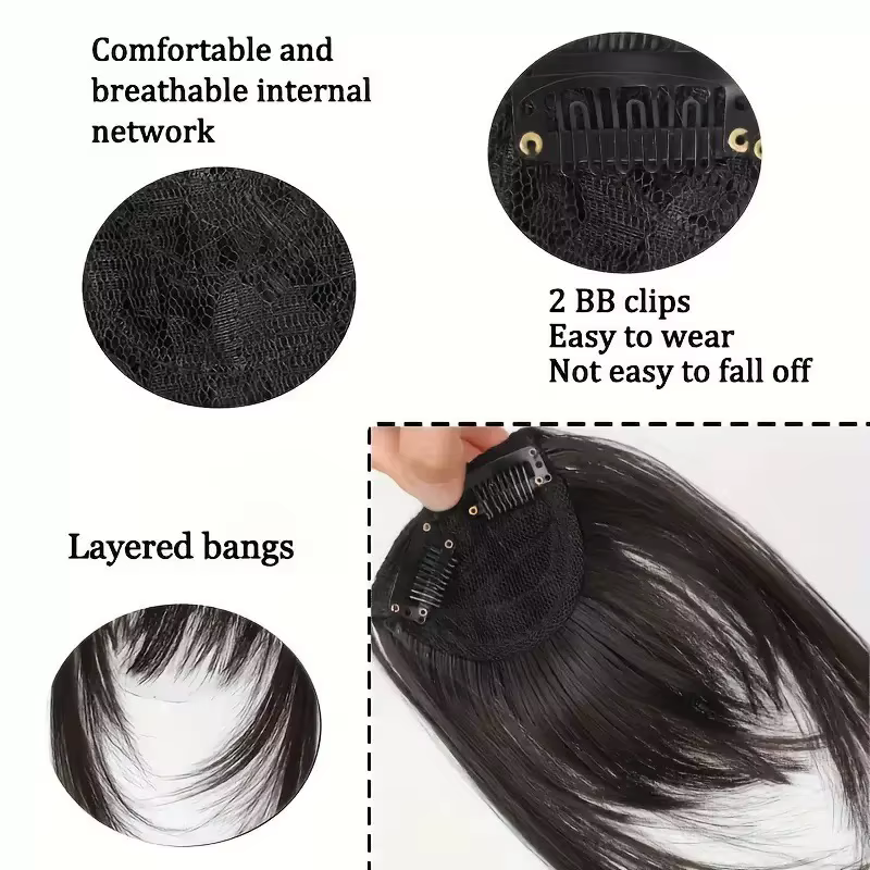 Frange synthétique à clipser, coupe effilée avec pattes de cheveux, brun foncé, aspect naturel pour