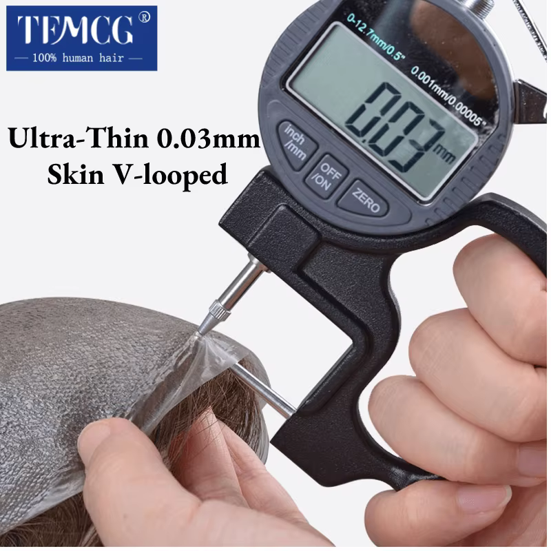 Toupet hommes ligne de cheveux Invisible avec peau Ultra mince 0.03mm prothèse de cheveux masculins