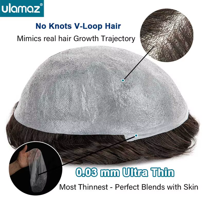 Prothèse capillaire pour homme ultra-fine 0,03 mm, indétectable, réaliste, en cheveux humains, systè