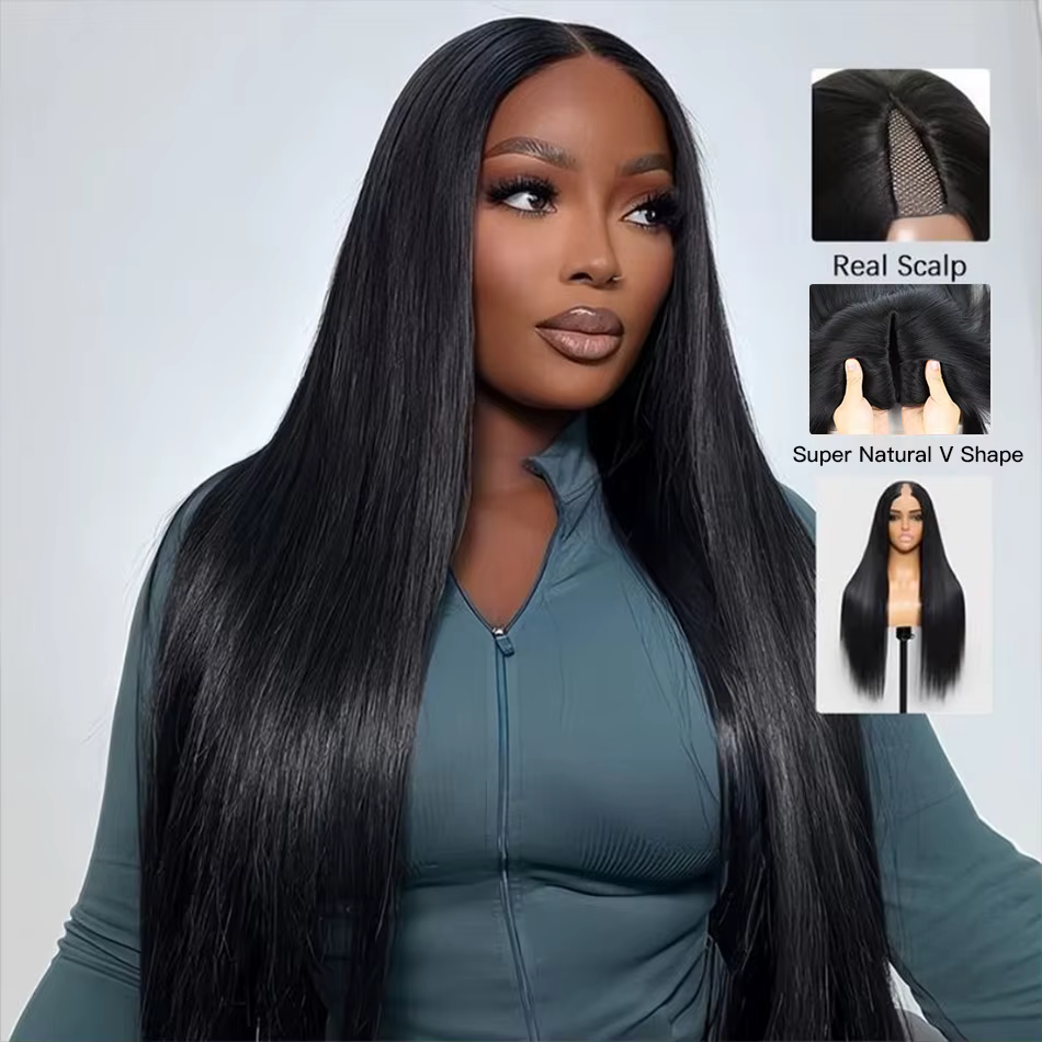 Perruques en cheveux humains lisses en forme de V, sans couture, sans colle, densité 220, noir natur