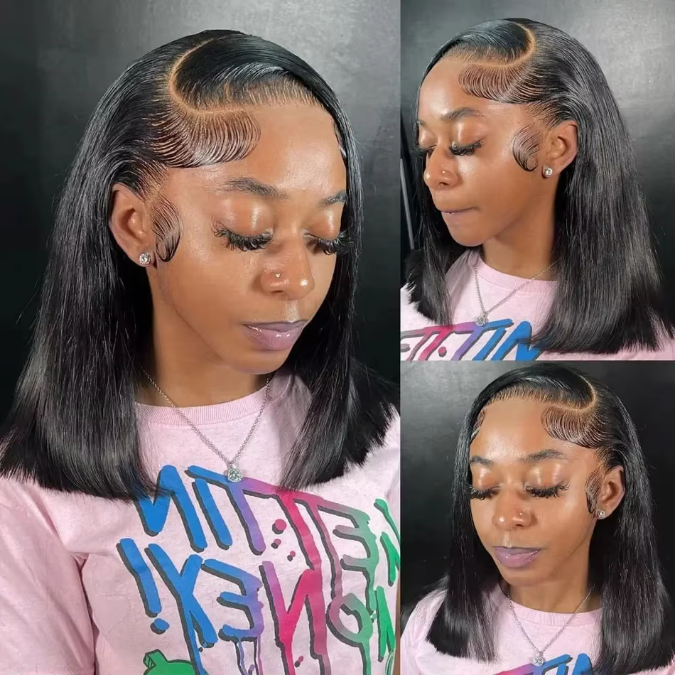 Perruque Bob Lace Front Wig 13x4, cheveux courts et lisses, 4x4, Transparent, densité 200%, 100% che
