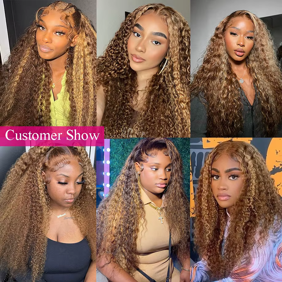Perruque Lace Frontal Wig naturelle bouclée ombrée à reflets blonds, perruque transparente Hd ondulé