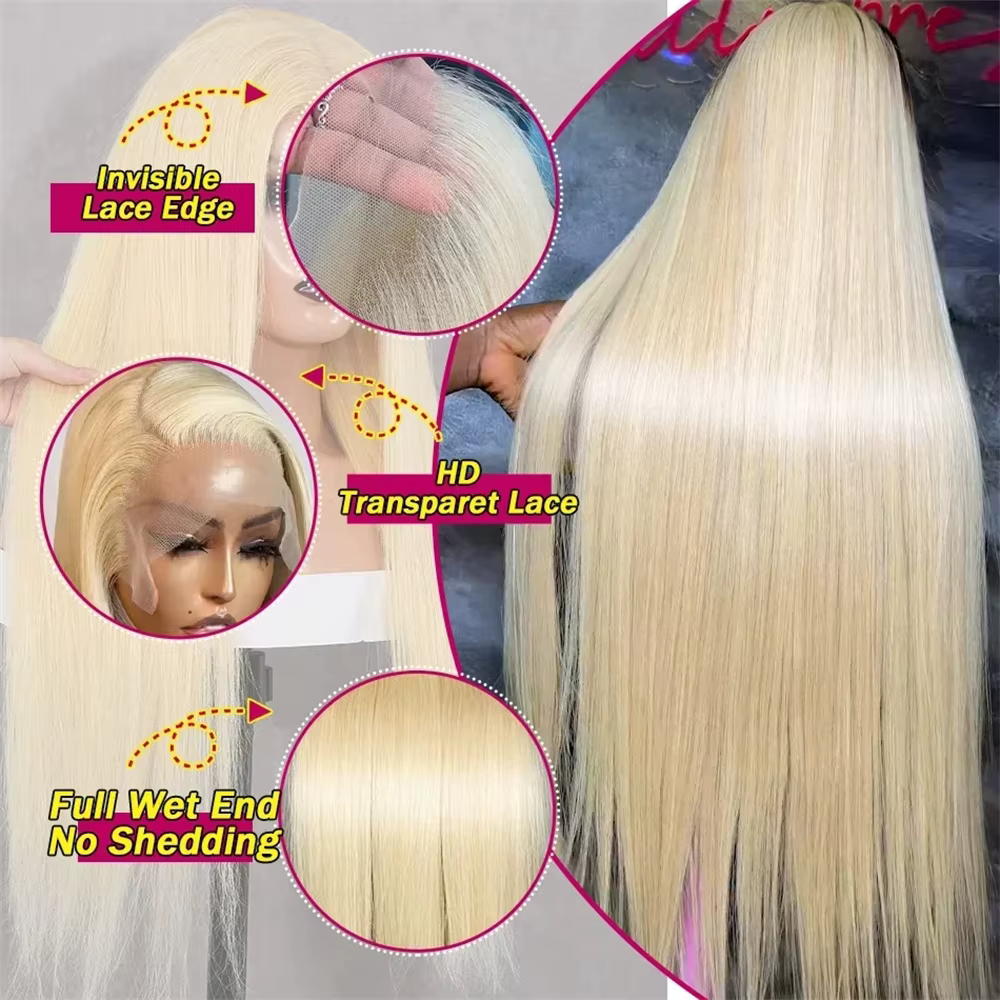 Perruque Lace Frontal Wig brésilienne naturelle, cheveux lisses, blond 613 Hd, densité 220, 13x6, 13