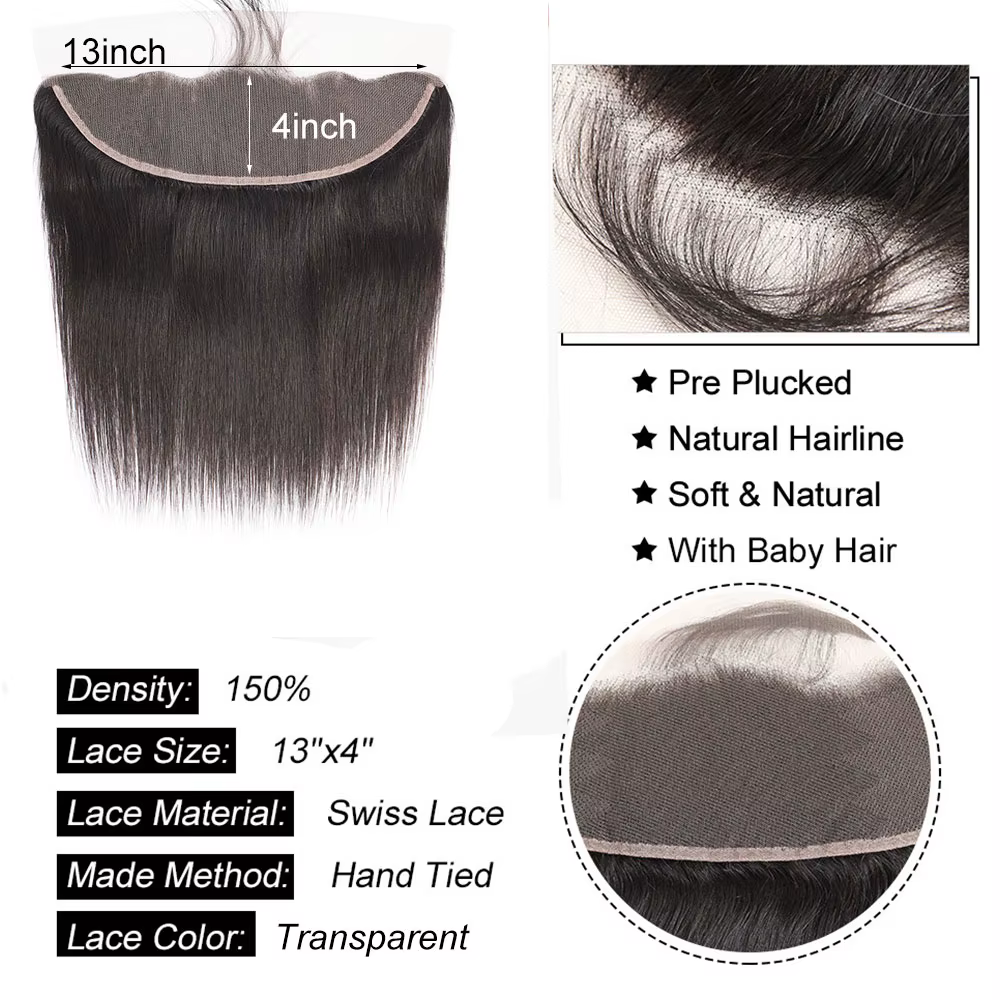 Extensions de cheveux naturels lisses avec Lace Closure, 4x4, 5x5, 6x6, 13x4, 13x6, Extensions front