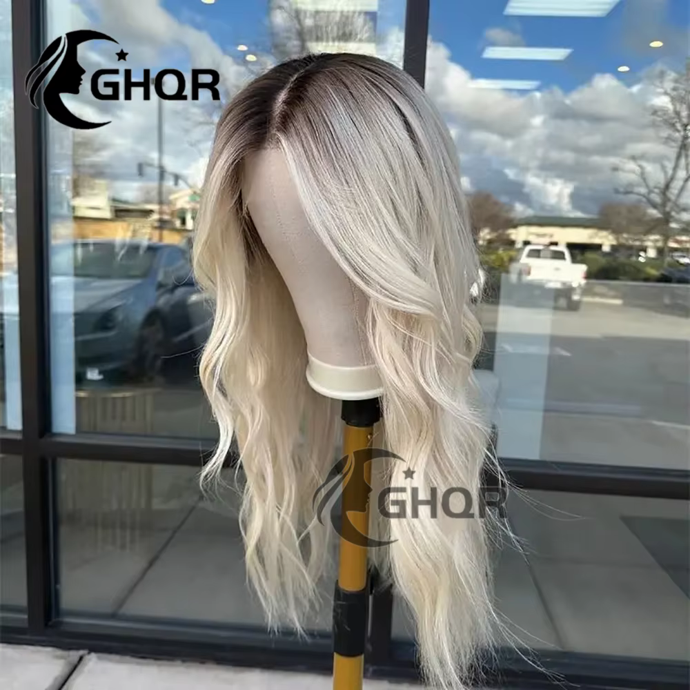 Perruques blond platine cheveux humains vague naturelle 13x4 avant de lacet perruques brun racines f