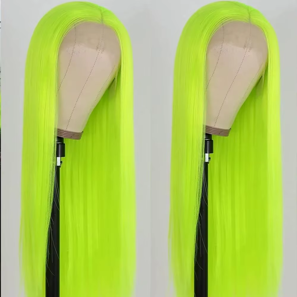 Perruques longues et droites à 200% de densité, couleur vert fluorescent, perruques frontales en den