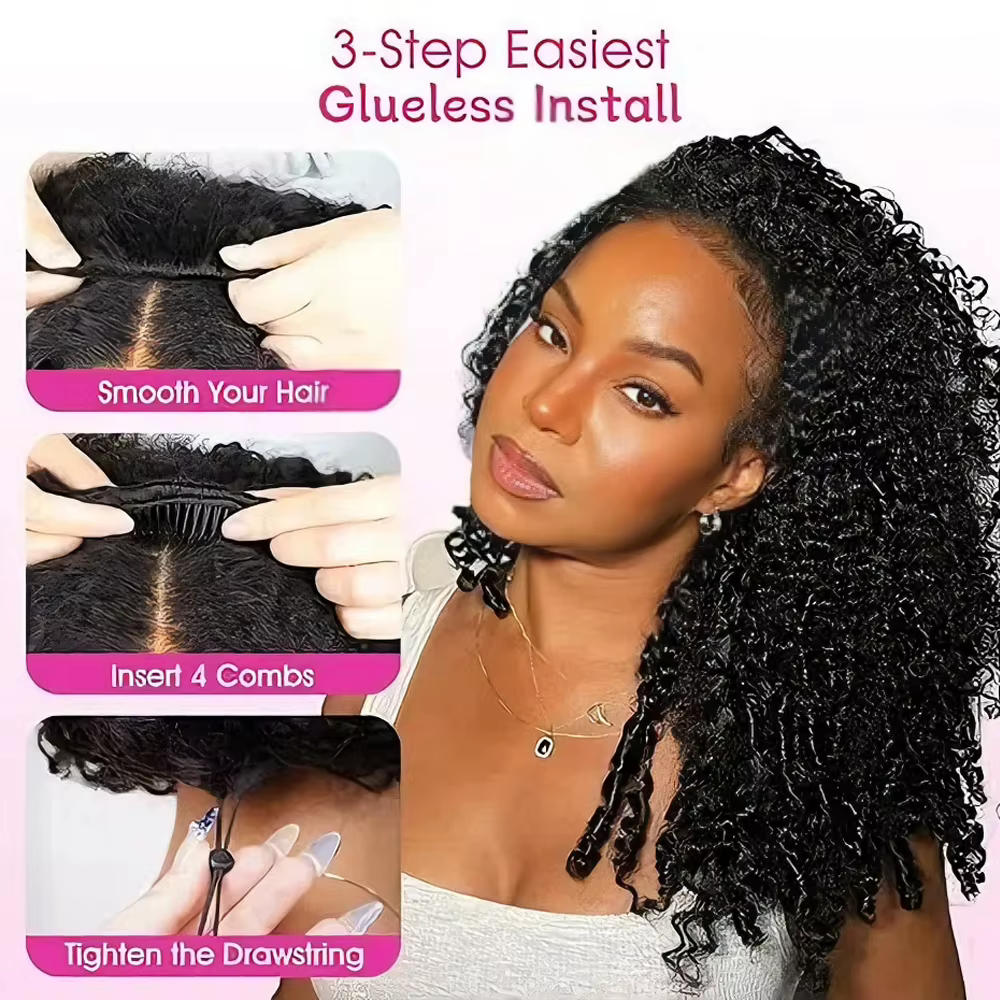 Perruque sans colle 250 % de densité, cheveux humains bouclés birmans, perruque demi-tête 3-en-1 amé