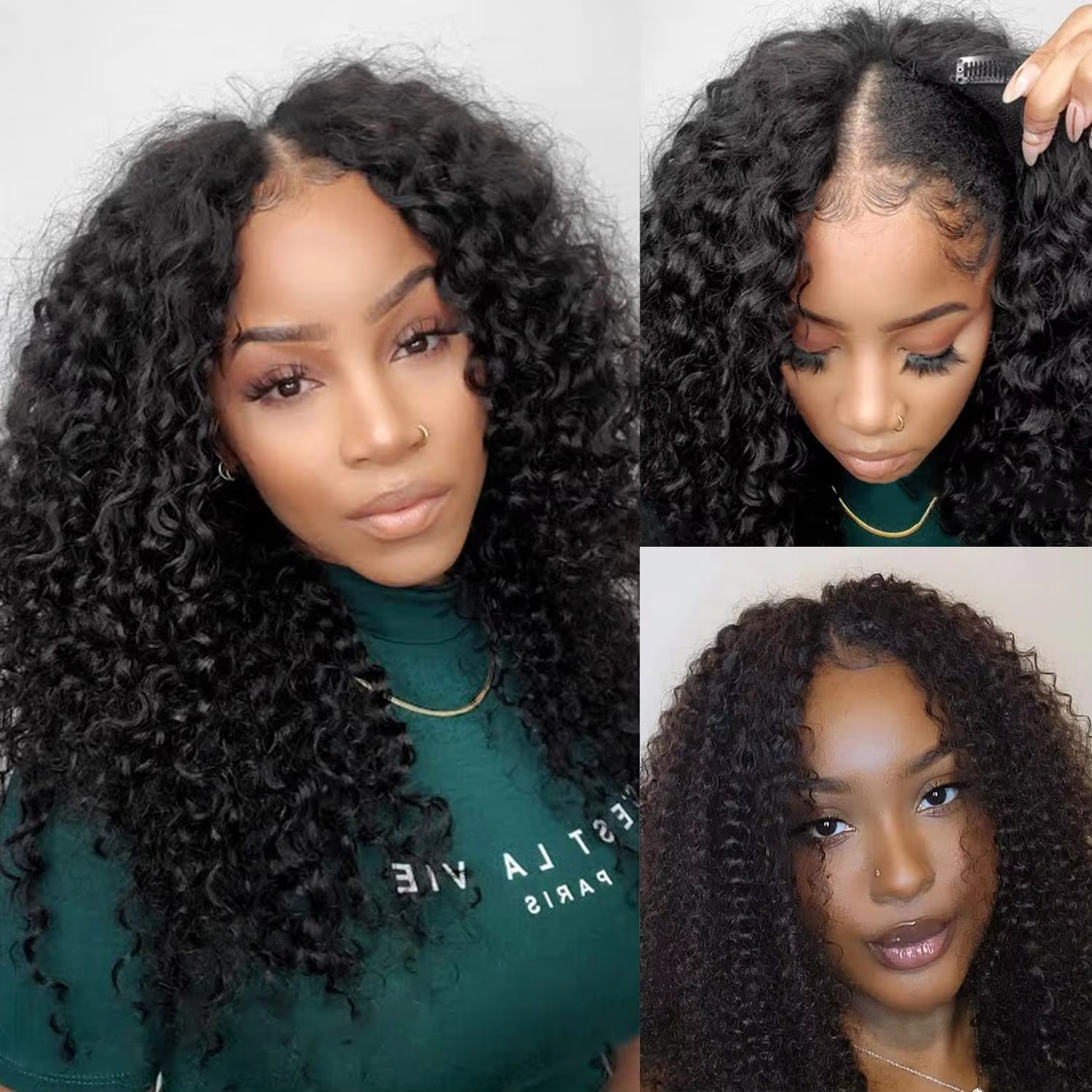Perruque de cheveux humains bouclés profonds avec partie en V, sans laisser, perruques brésiliennes 