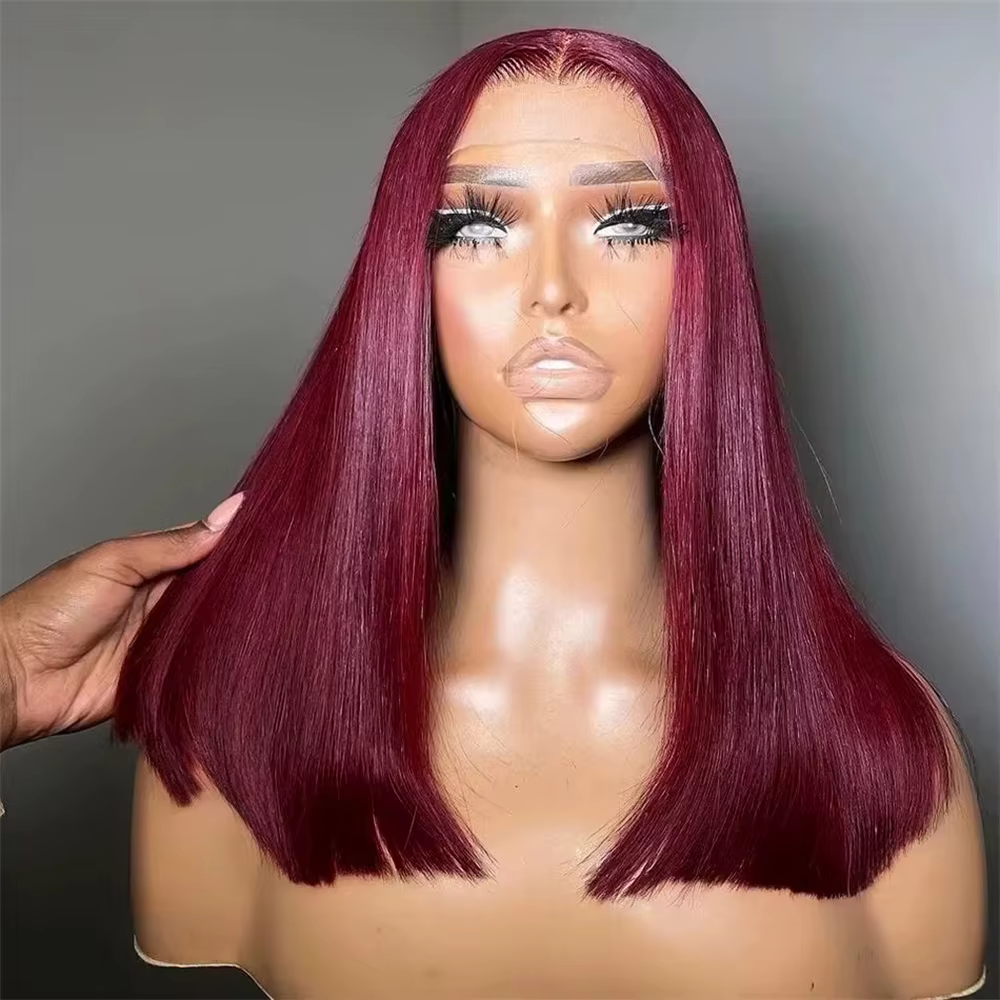 Perruque Bob 99J Bourgogne en Cheveux Humains, Lace Frontal 13x4 Lisse, 100% Cheveux Humains Brésili