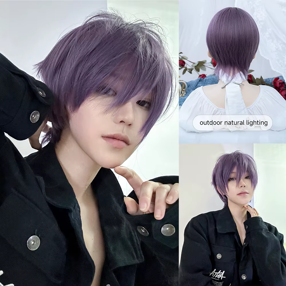 Perruques synthétiques violettes de 12 pouces avec frange, cheveux courts et lisses pour hommes ou f