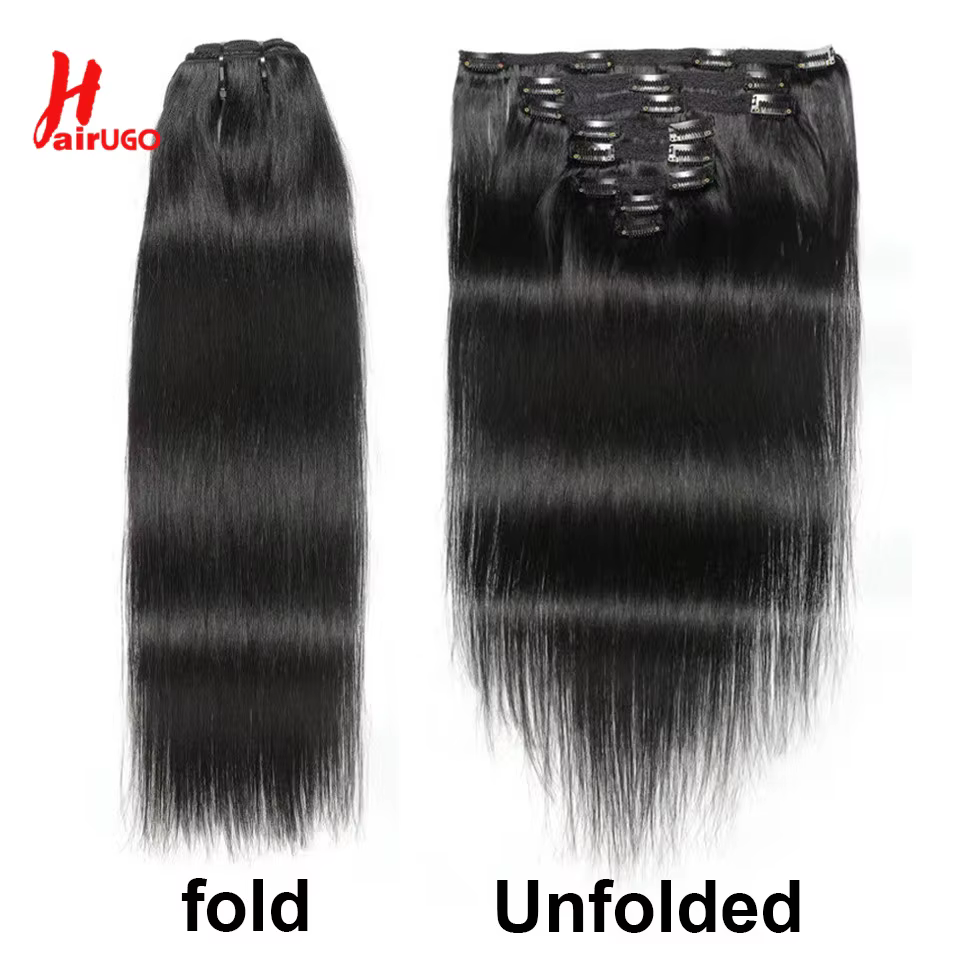 HairUGo – extensions de cheveux brésiliens naturels Non Remy lisses à clips, 8 pièces/ensemble, tête