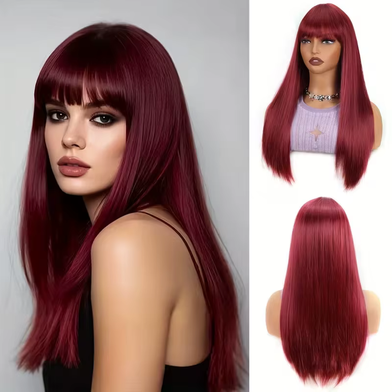 Perruque synthétique couleur vin rouge pour cheveux raides, costume de cosplay d'Halloween, perruque