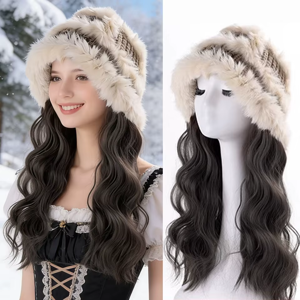Perruque synthétique brune noire avec chapeau, chapeaux d'hiver chauds, 16 pouces, mignons et moelle