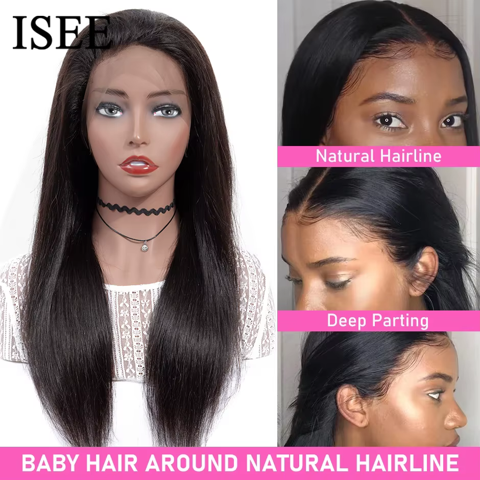 ISEE-Perruque Full Lace Front Wig naturelle lisse, cheveux humains, 13x6, pre-plucked, transparente,