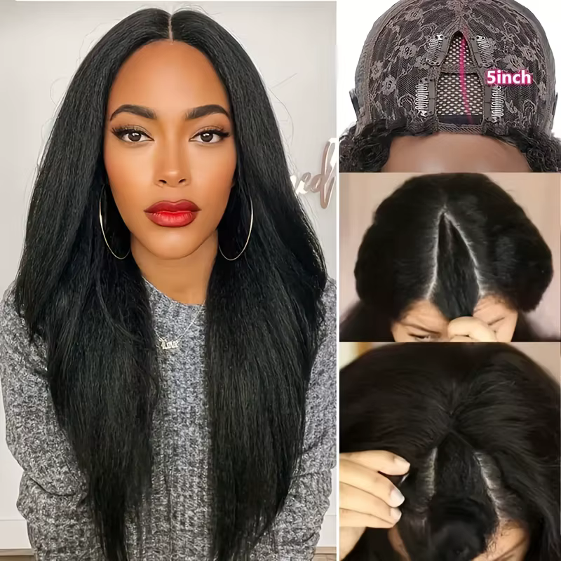 Perruque Yaki lisse crépue avec raie en V, cheveux naturels sans colle, couleur noire naturelle, san