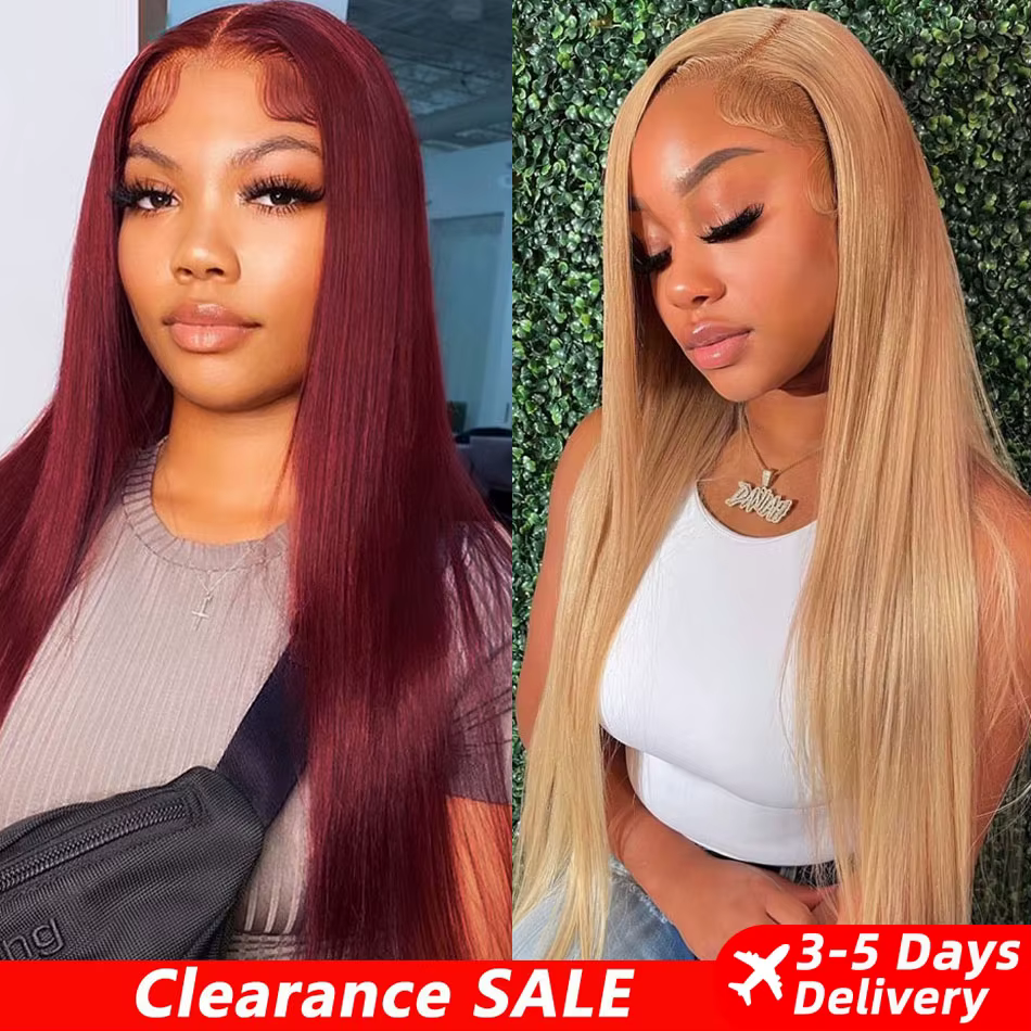 CLAARANCE-Perruque Lace Front Wig naturelle, cheveux humains, blond miel 27 #, rouge bordeaux 99J, 1