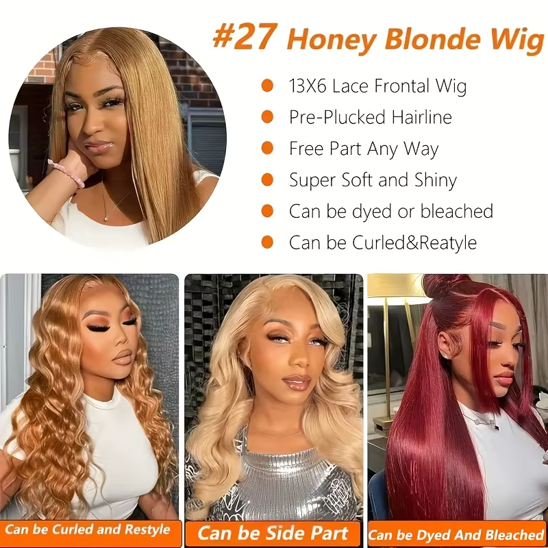 Perruques de cheveux humains blond miel droite osseuse # 27 13x6 HD perruques avant de dentelle tran