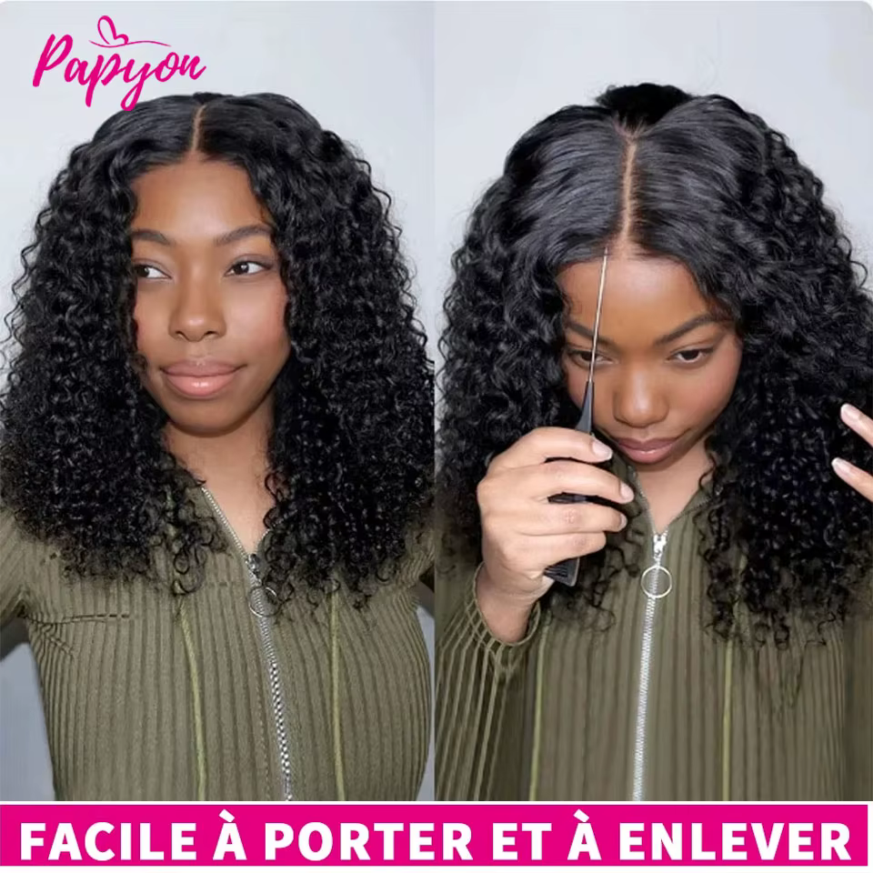 200% Density Perruque Bob Bouclé Water Wave Sans Colle Pour Femme de Fermeture en Bouclée Dentelle