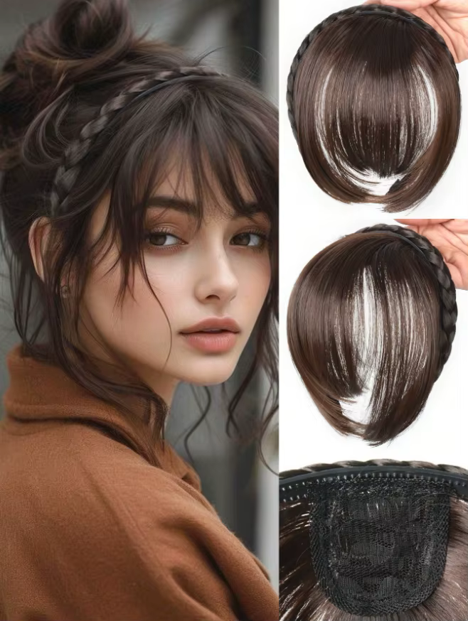 Frange de cheveux avec bandeau tressé, Extensions synthétiques élégantes pour frange, frange aérée l