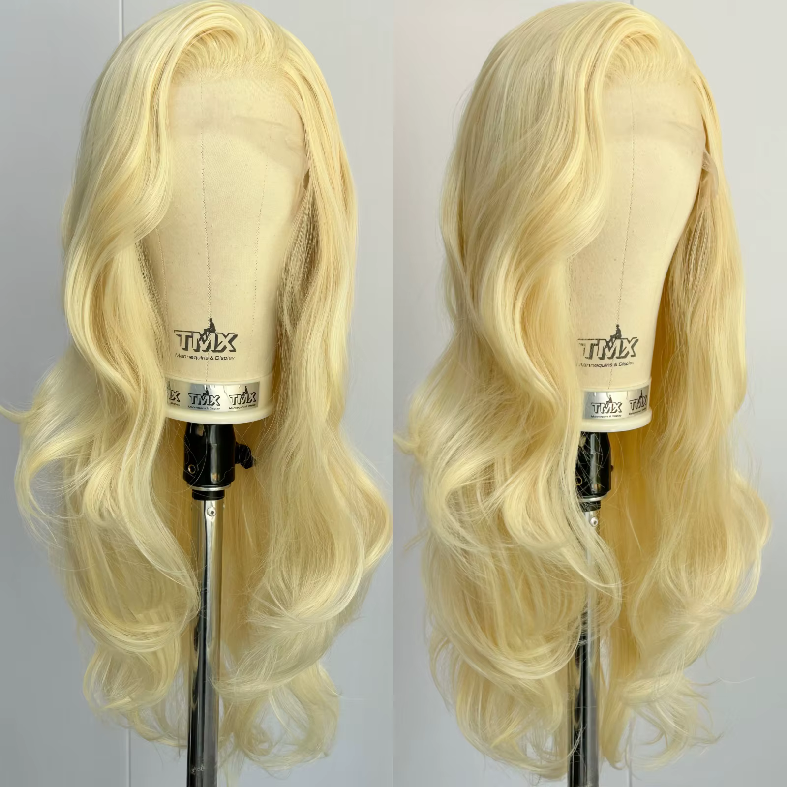 Perruque Lace Front Wig synthétique longue bouclée ondulée Blonde 613, cheveux en couches avec raie 