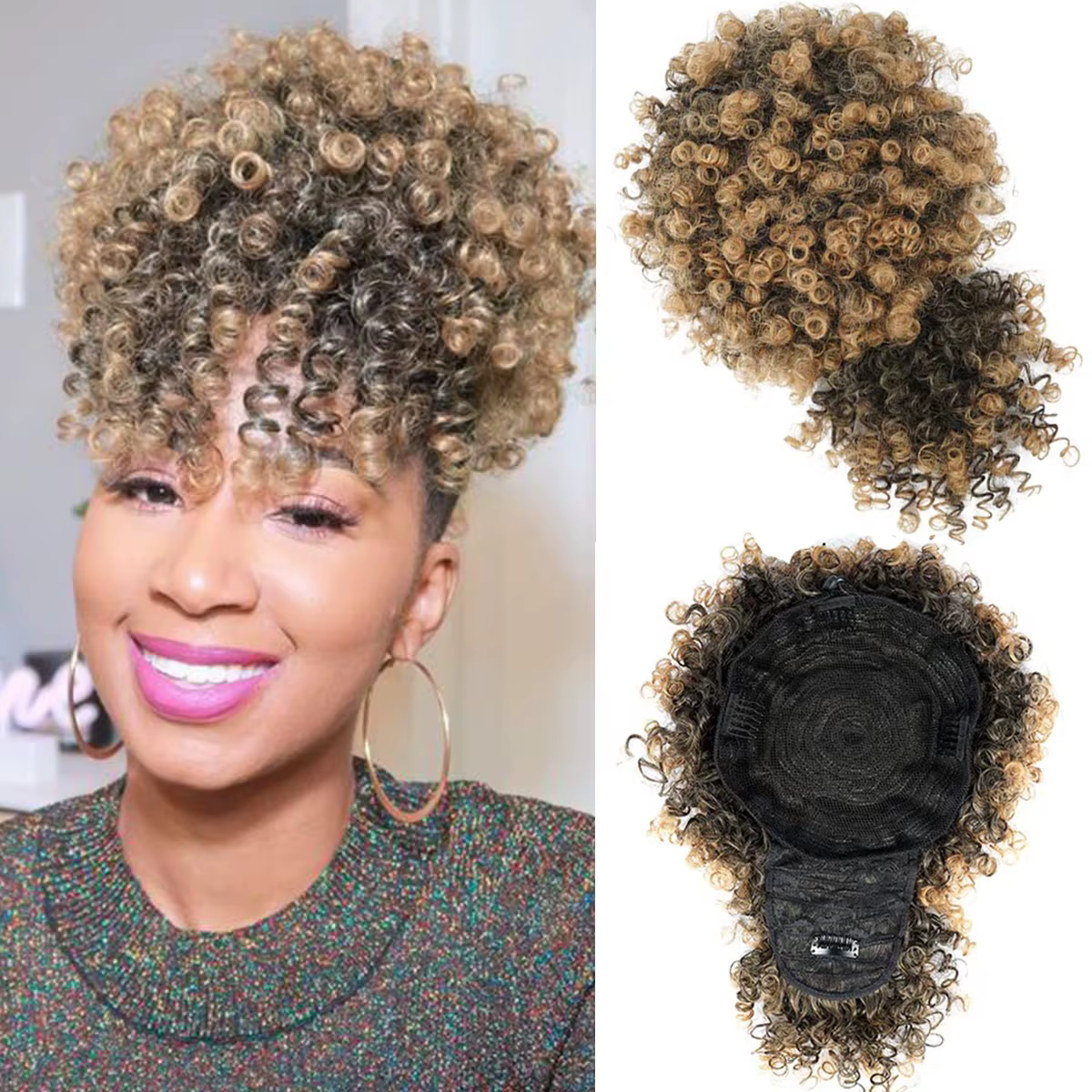 Afro Puff Kinky Curly Hair, Updo Ponytail Extension with Bangs Proximity Wstring Ponytail for Women,