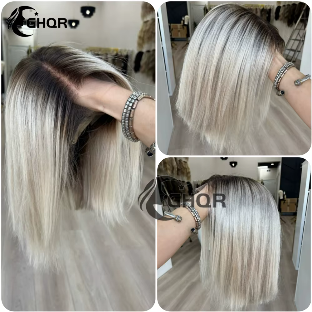 Perruques de cheveux humains Bob blond platine racines foncées dentelle transparente avant couleur d
