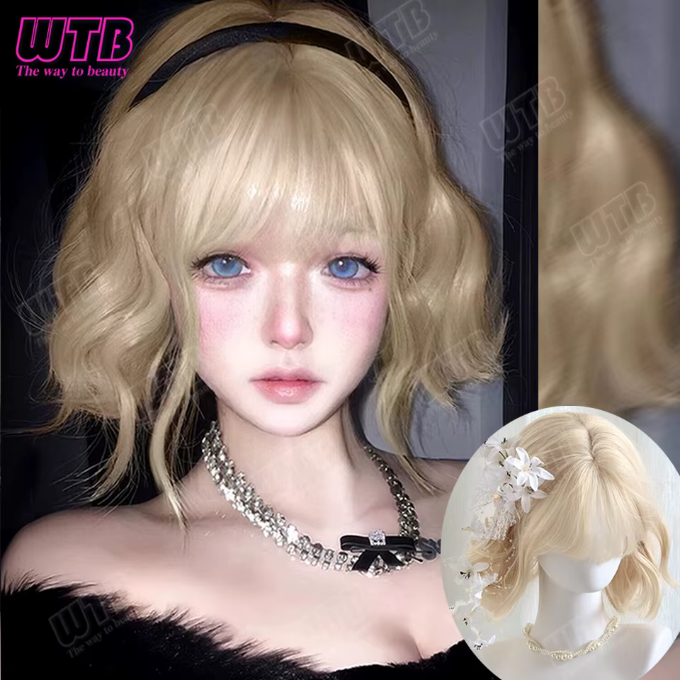 WTB Perruque synthétique beige style Lolita, perruque courte et droite avec frange, adaptée aux femm