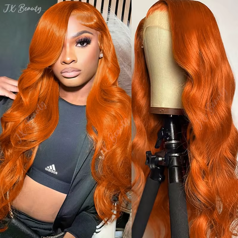 Perruque Lace Front Wig Body Wave Orange gingembre 13x6, cheveux humains transparents pour femmes # 