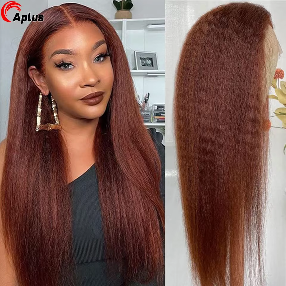 Perruque brun rougeâtre crépus droites perruques de cheveux humains avant bouclé 13x6 Hd dentelle fr