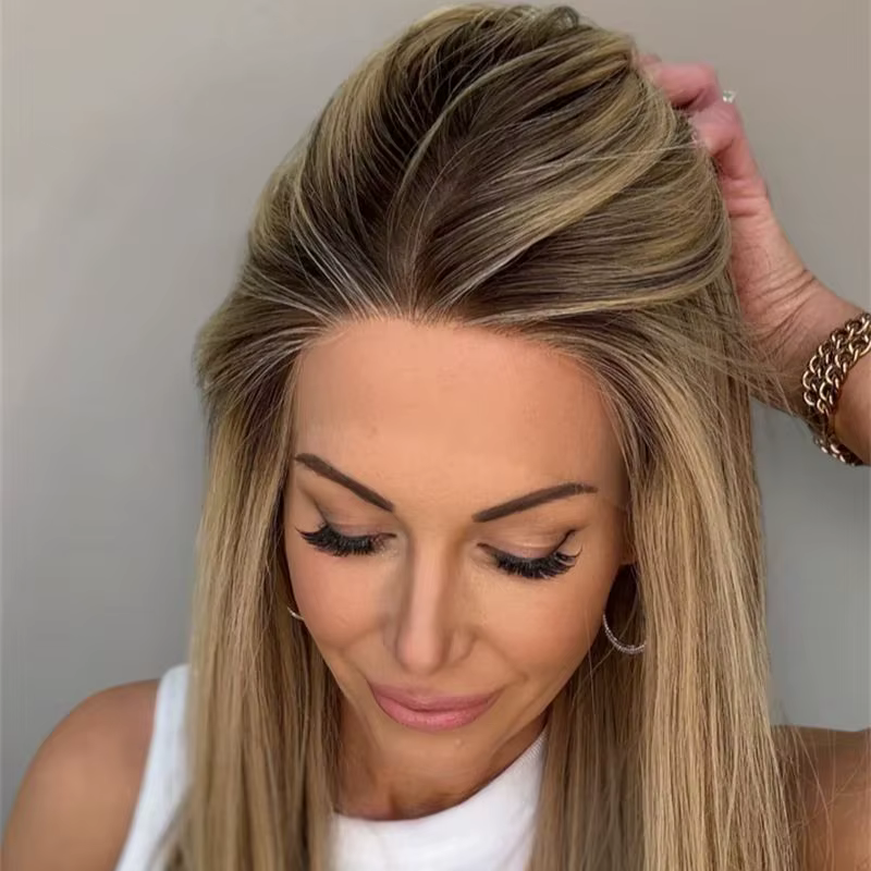 Perruque Balayage synthétique courte et lisse, naissance des cheveux naturelle, 13x4, ombré, marron,
