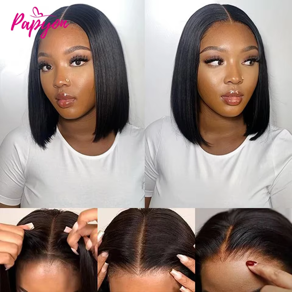 Perruques courtes bob lisses sans colle, prêtes à porter, en cheveux humains, pré-coupées, avec cord