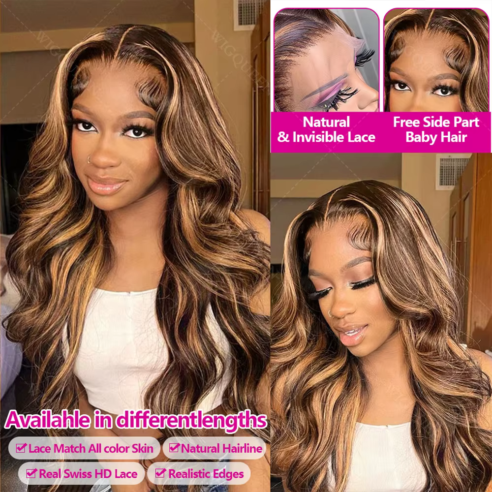 200% mise à niveau 4/27 Balayage Blonde mettre en évidence 13x6 dentelle avant perruque vague de cor