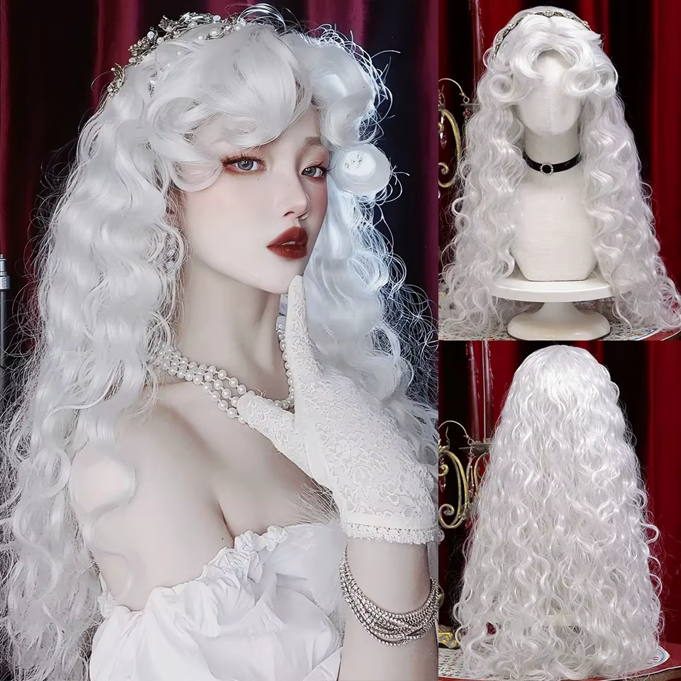 Perruque synthétique longue bouclée ondulée avec frange, perruque soyeuse de Cosplay colorée blanche