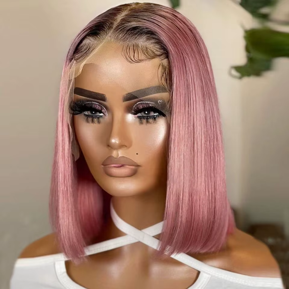 Perruque Bob Lace Front Wig naturelle lisse rose ombré, cheveux courts, Transparent, nœuds décolorés