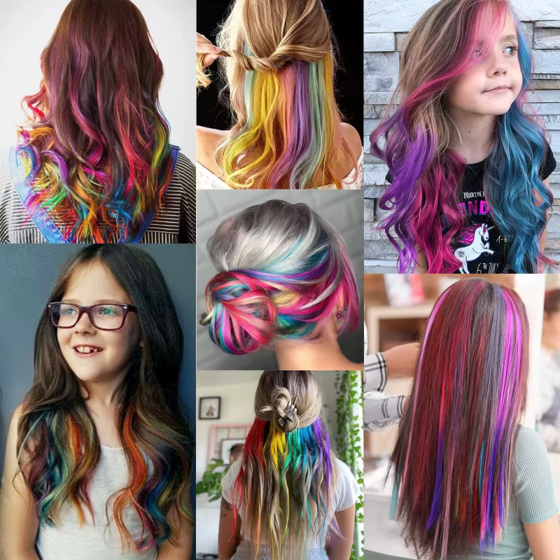 Extensions capillaires synthétiques à clips multicolores, postiches arc-en-ciel de 22 pouces pour fi