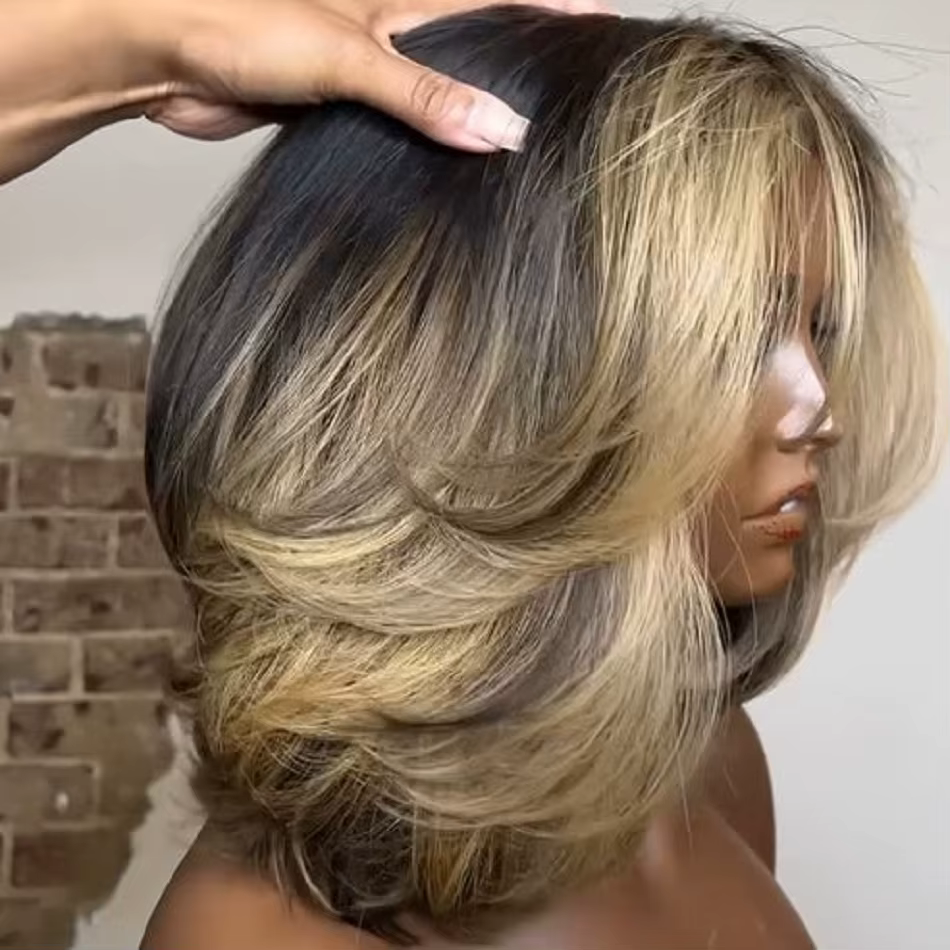 Perruque Bob Courte Ombrée Noire et Blonde, Effet Vague d'Eau, Cheveux Humains Sans Colle, Perruque 