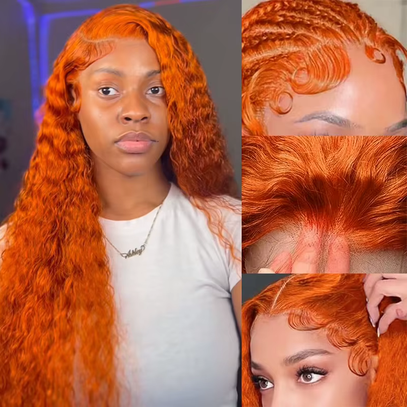 Perruque Lace Front Wig 350 naturelle brésilienne, cheveux humains, Deep Curly, couleur orange, 13x4