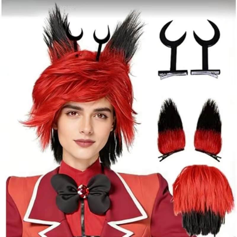 Perruque noire et rouge avec clips de cornes et oreilles détachables pour cosplay