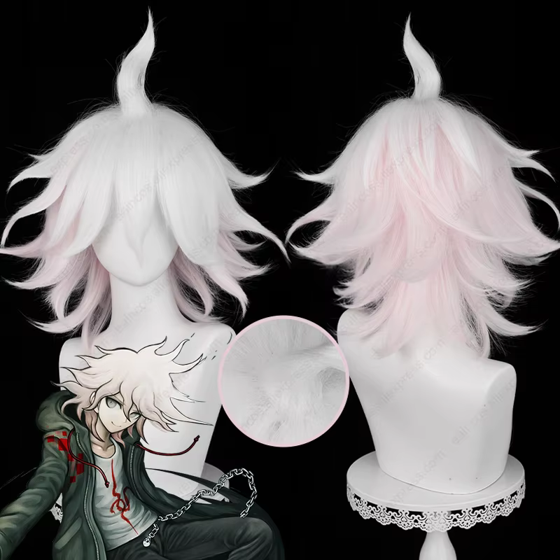 Anime Nagito Komaeda Cosplay perruque 37 cm de Long rose blanc dégradé perruques résistant à la chal