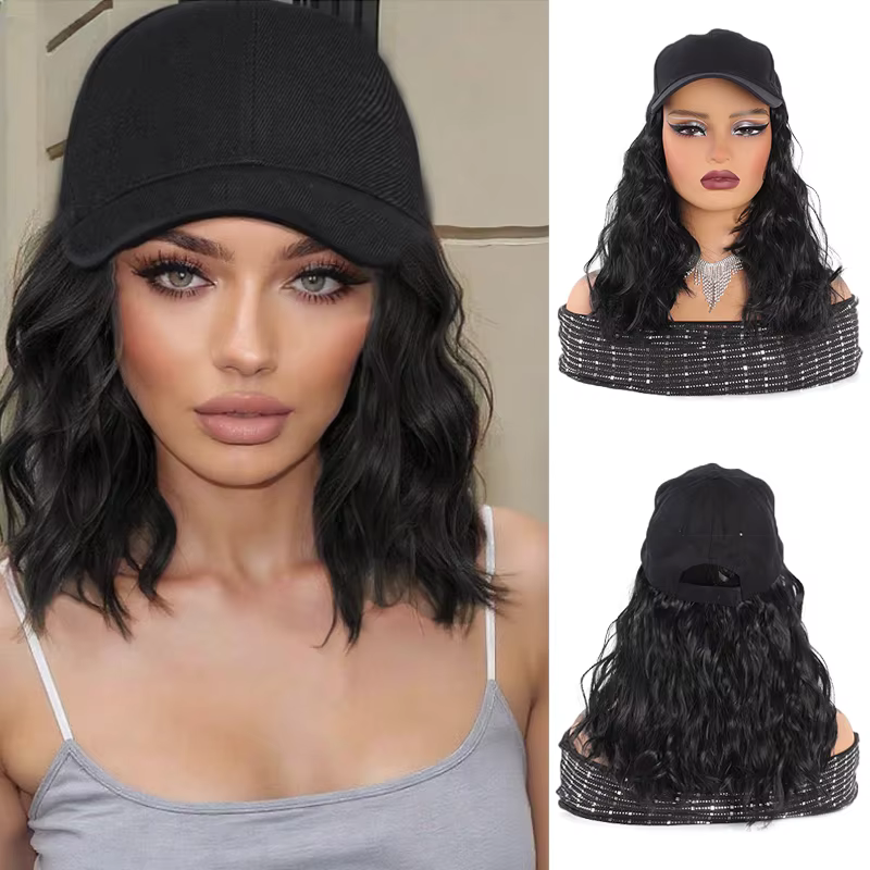 Perruque synthétique naturelle ondulée bouclée de 8 pouces, respirante, avec bonnet