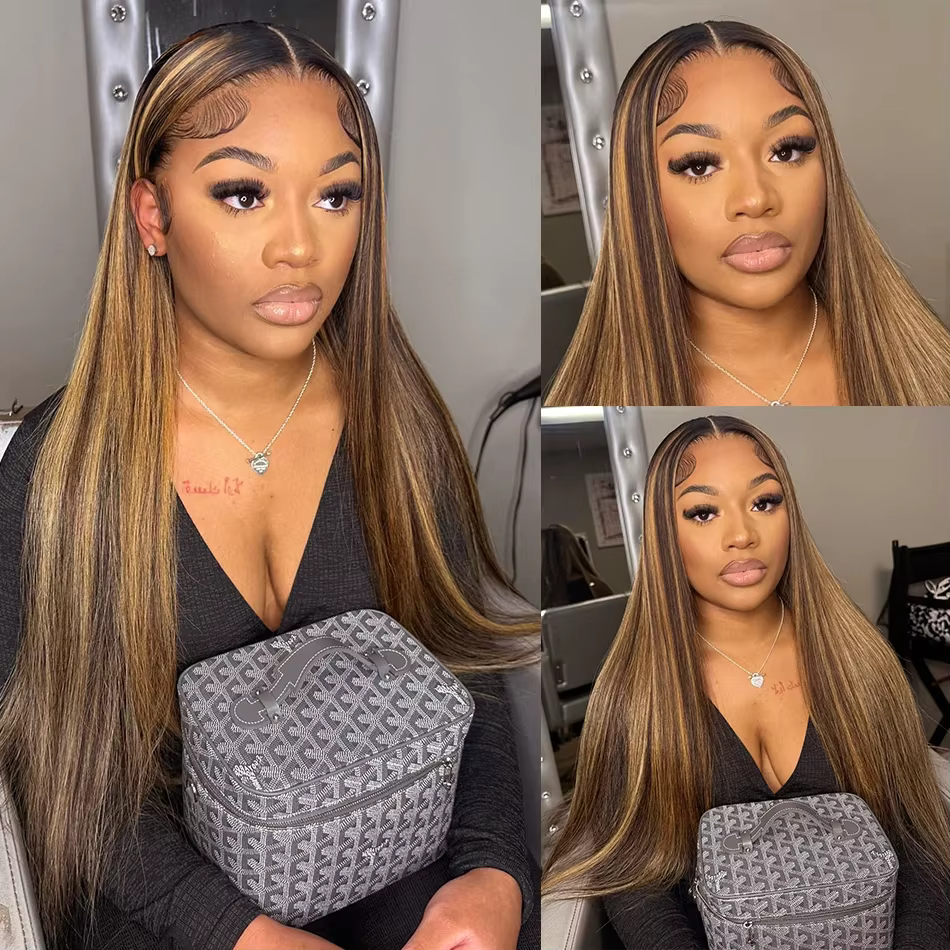 180% P4/27 Ombre brun mettre en évidence droite perruque de cheveux humains 100% cheveux humains 13x