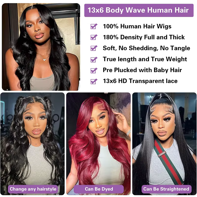 Perruque Lace Front Wig Body Wave Brésilienne Naturelle, Cheveux Humains, 13x6, 13x4, 30 Pouces, 200
