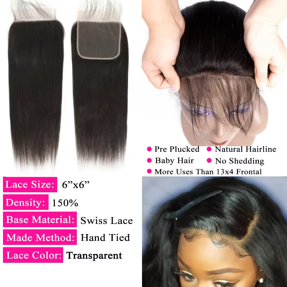 Extensions de cheveux humains lisses Queenlike 12A avec closure 4x4 5x5 6x6 13x4 en dentelle, 3 mèch